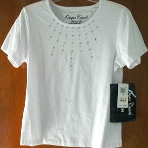 Onque Casuals White Short Sleeve Sparkle Bling Top Size Medium NWT Cotton Spandx